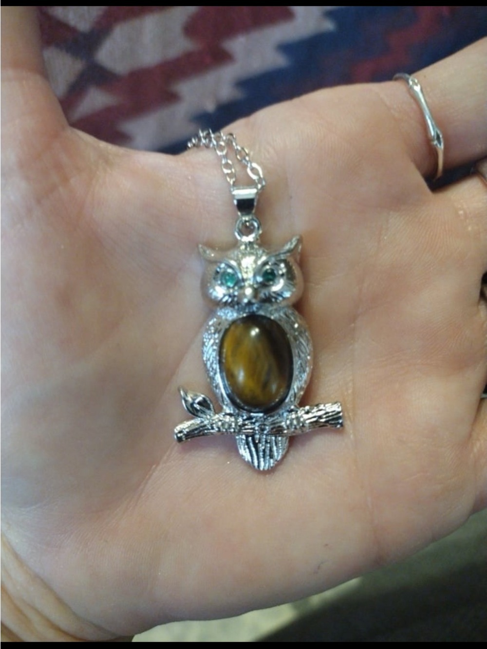 Tiger Eye and Emerald Green Silver Owl Pendant Necklace with